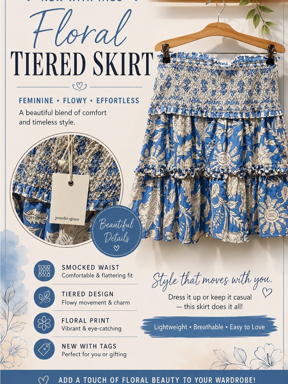 Jennifer + Grace Blue Floral Tiered Smocked Waist Skirt Size Medium